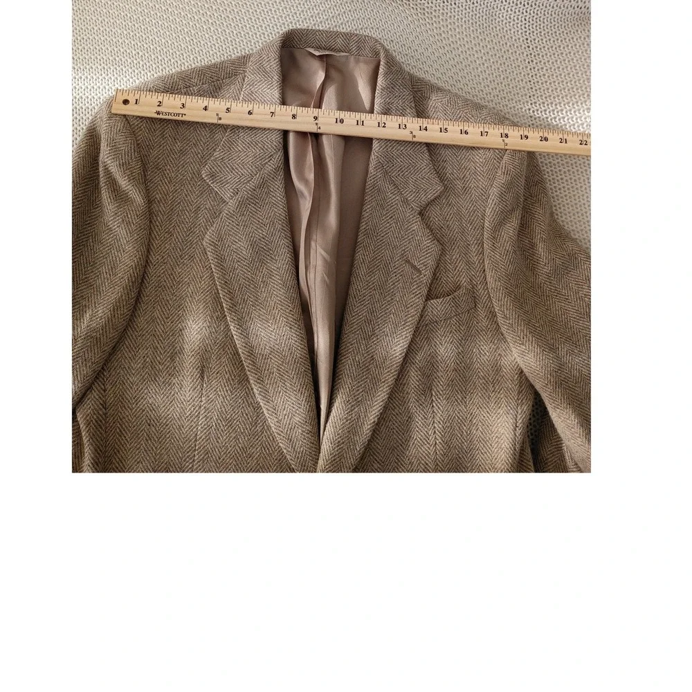 DellaPenna Mens 100% Pure Wool Herringbone Tweed Blazer Tan Brwn Made in USA 42S
